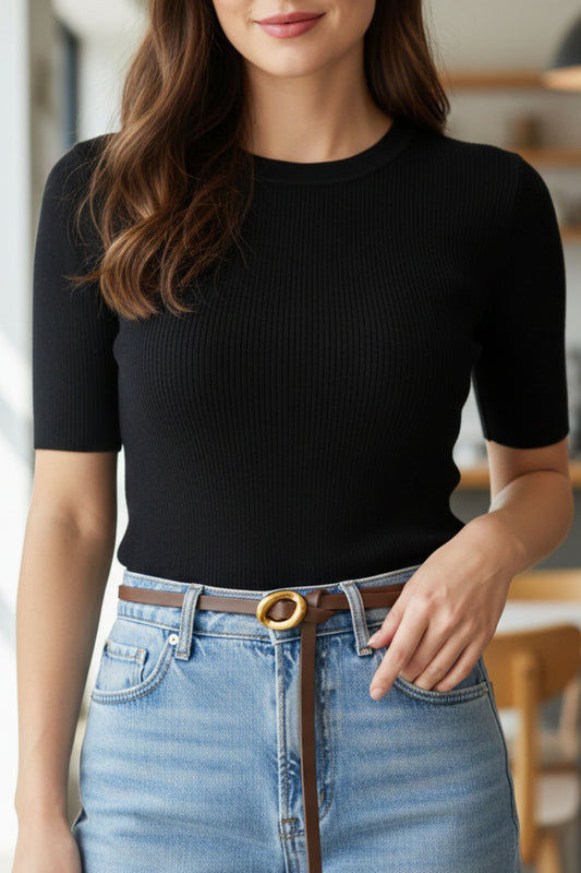 Hideclusive Women's Genuine Leather Skinny Belt with Gold Tear Drop Buckle, 1cm Thin Cowhide Waistband