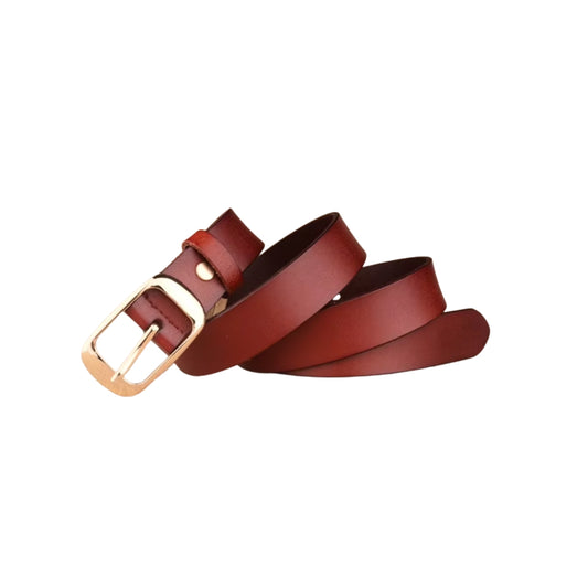 Brown leather belt with a gold buckle on a white background