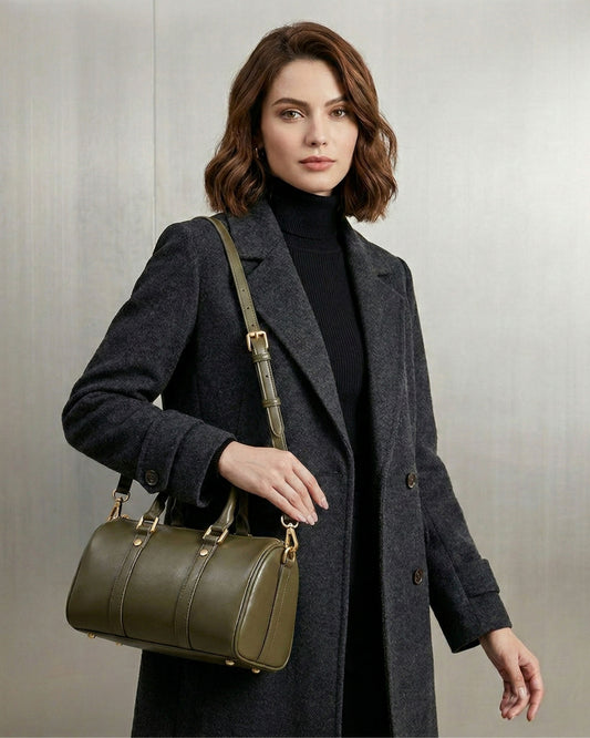 The Duffy - Premium Top Grain Leather Cylinder Duffle Bag - Versatile Women's Work-to-Weekend Crossbody Handbag