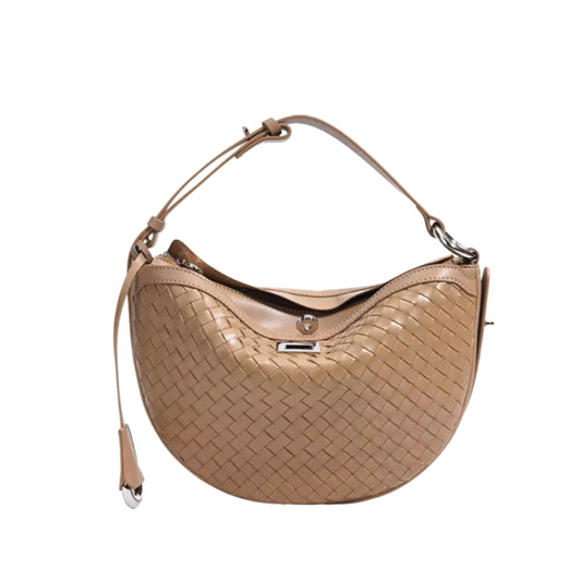 Beige, Caramel woven handbag on a white background