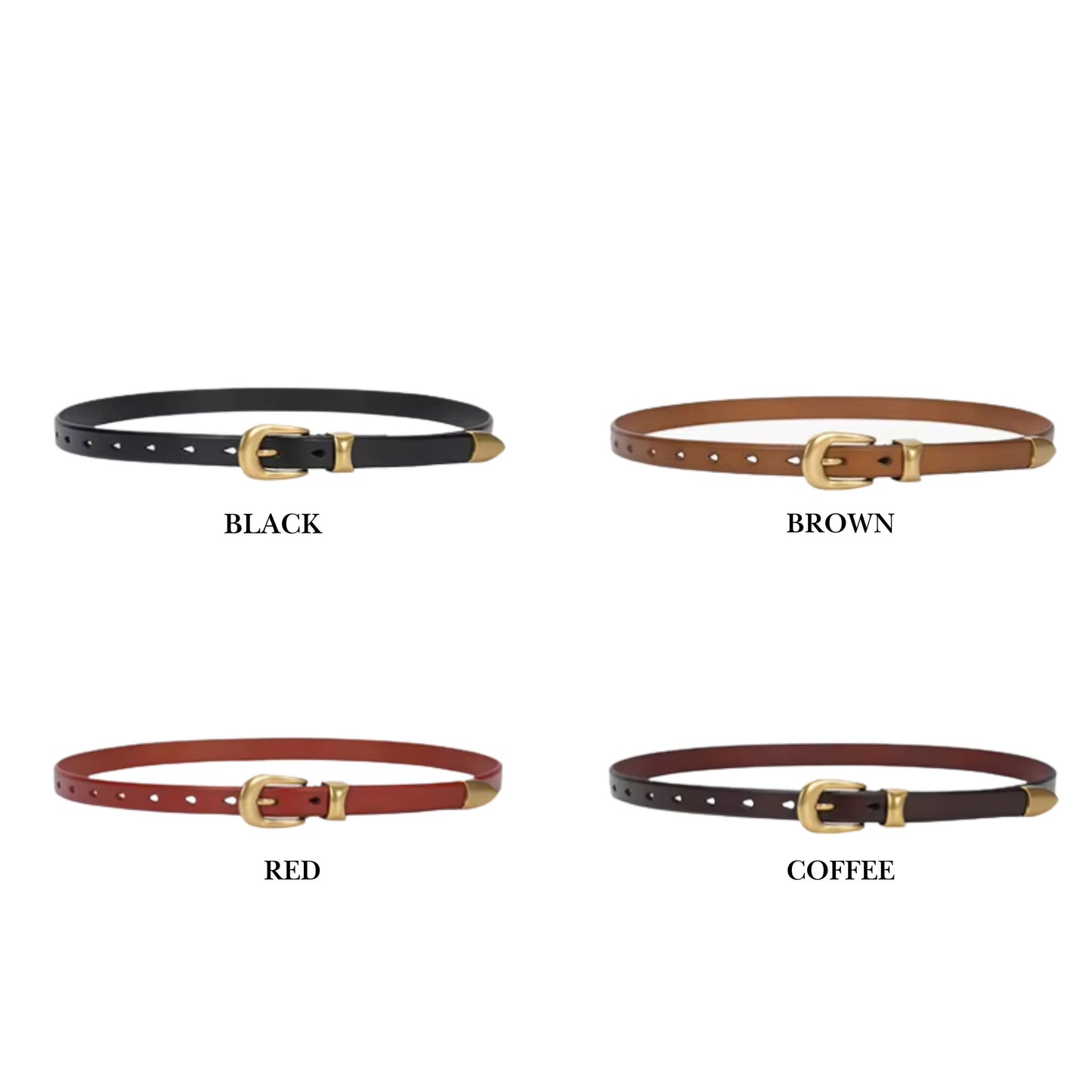 Hideclusive Premium Top-Grain Cowhide Leather Skinny Belt for Women – Elegant Rounded Gold Buckle & Metal Tip