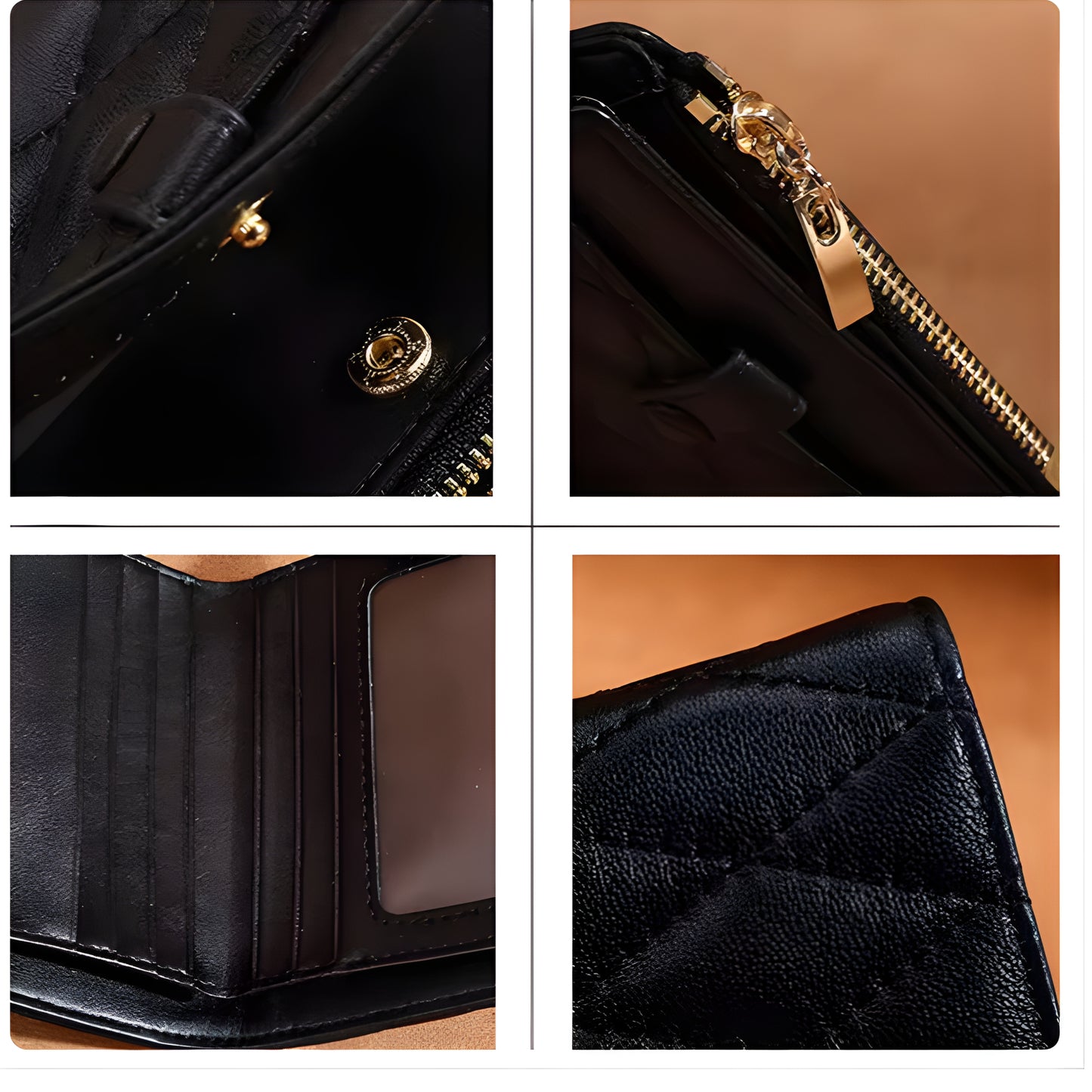 Women's Compact Genuine Leather Wallet – Luxury Quilted Design with 7 Card Slots, Side Zipper Pocket & Secure Snap Closure