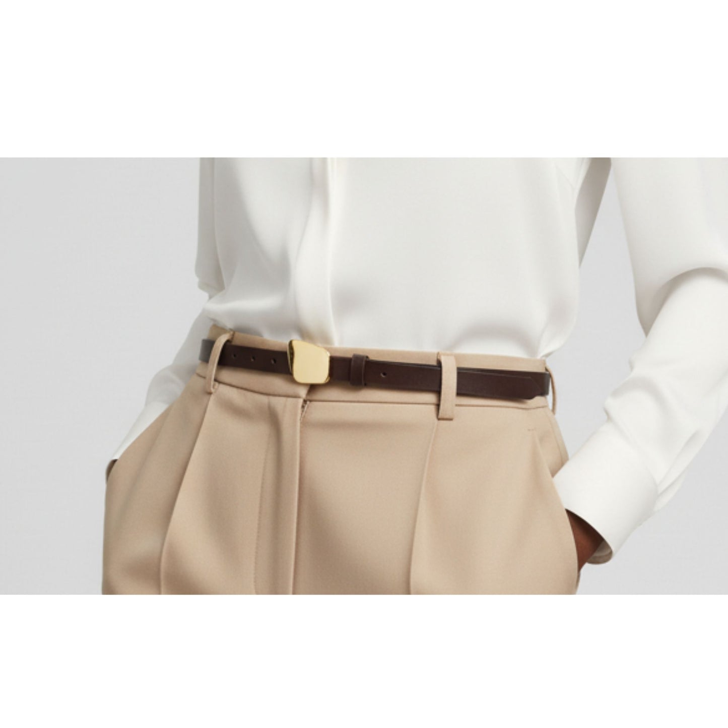 Women's Slim Genuine Leather Belt, Abstract Design Gold Buckle
