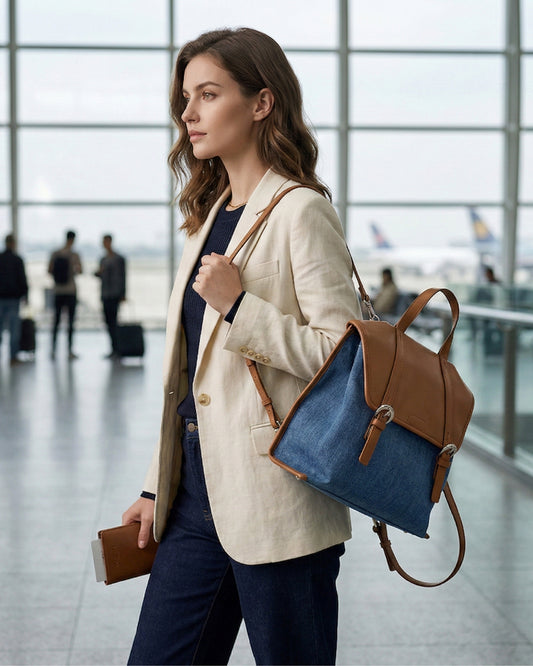 Woman holding a blue and brown bag in an airport terminal