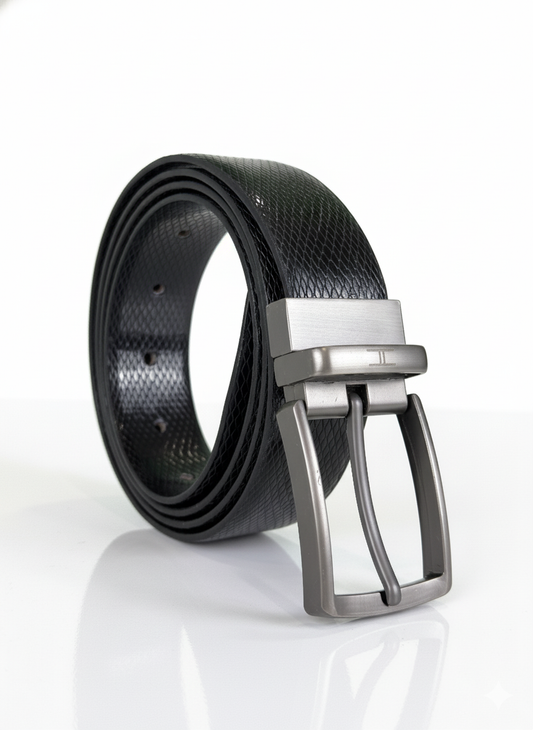 Hideclusive Executive Leather Belt, Black, Self-Patterned Texture, 35mm Width, Chrome Buckle