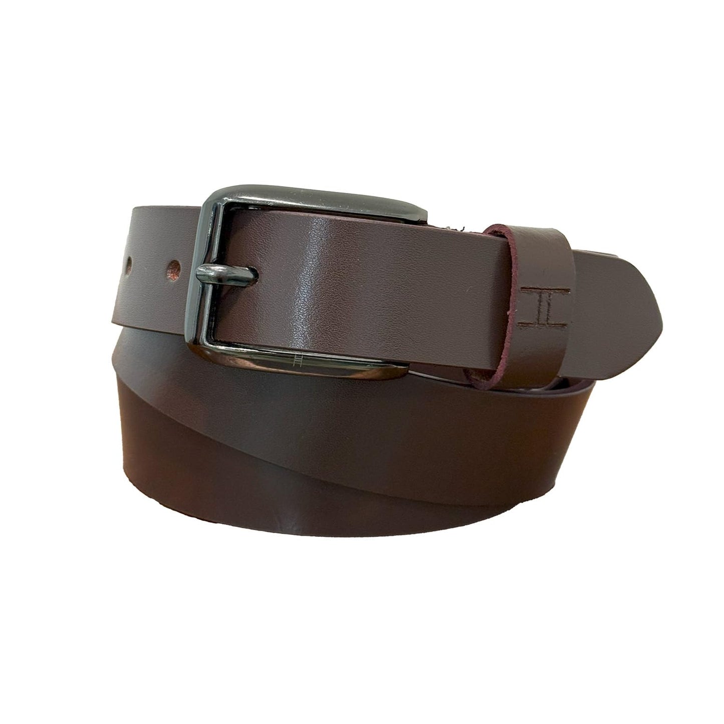 Brown leather belt with a silver buckle on a white background