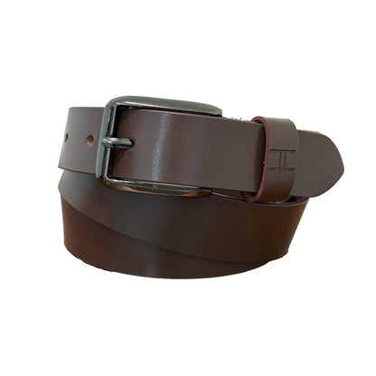 Brown leather belt with a silver buckle on a white background