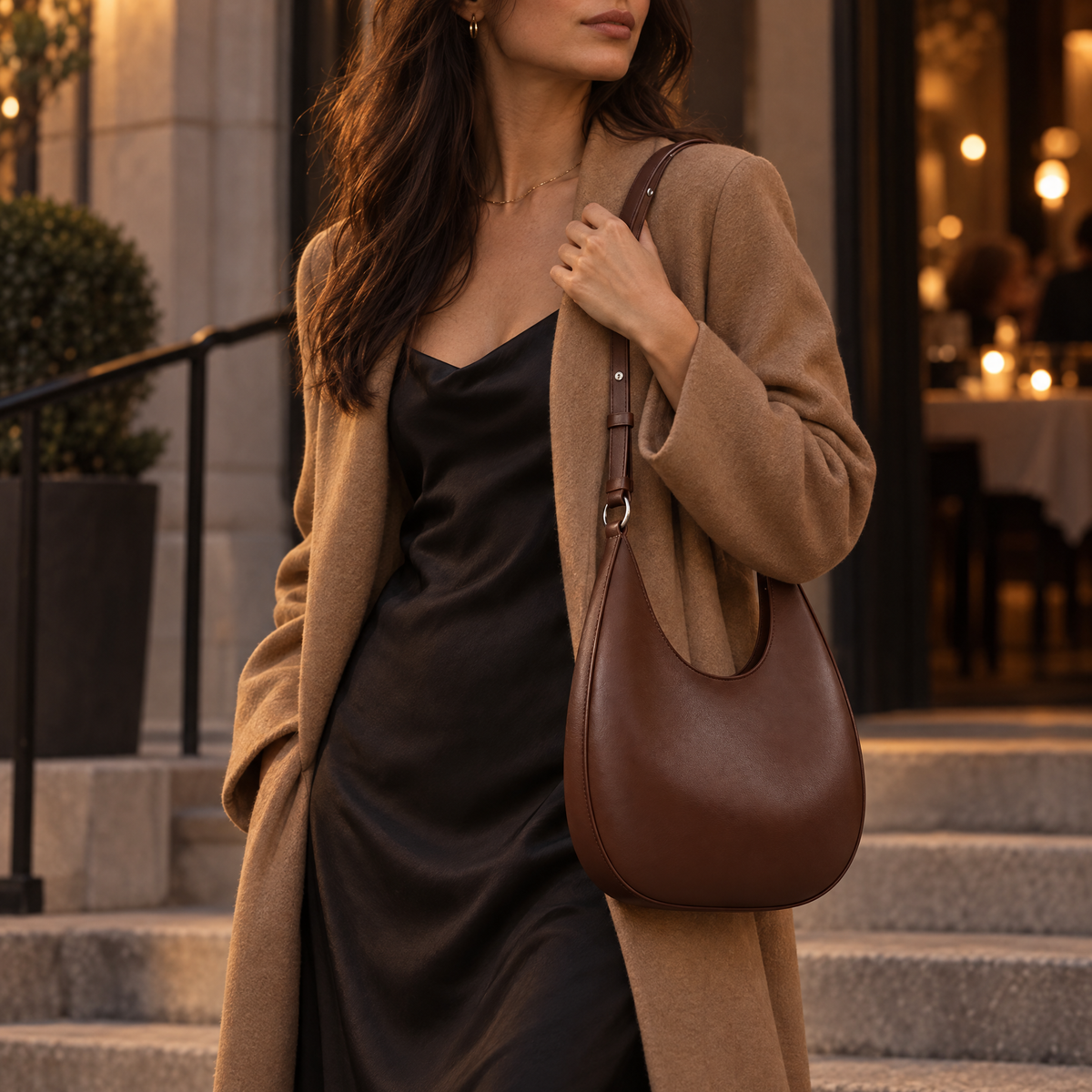 Lifestyle photo of The Luna top-grain leather hobo bag