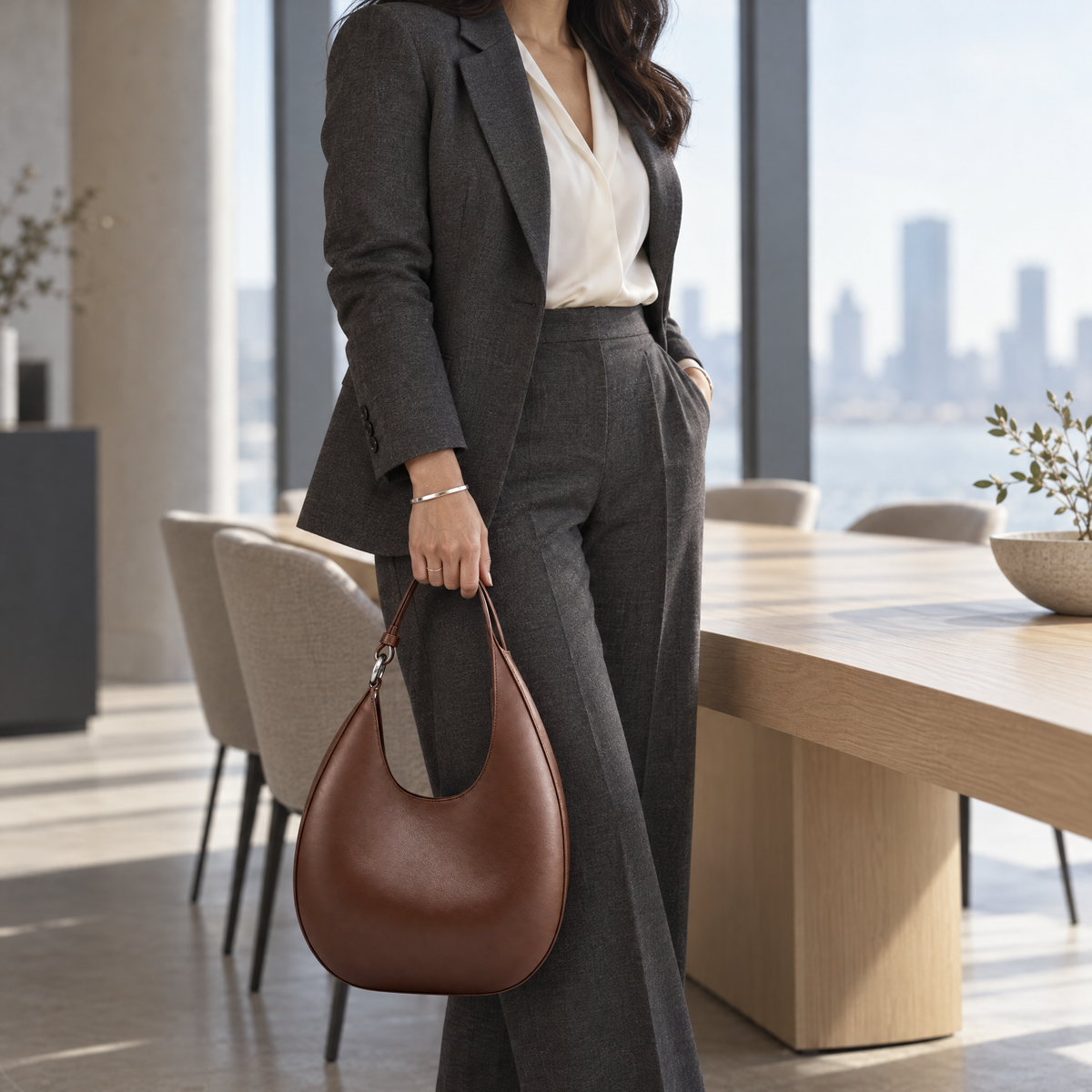 Lifestyle photo of The Luna top-grain leather hobo bag