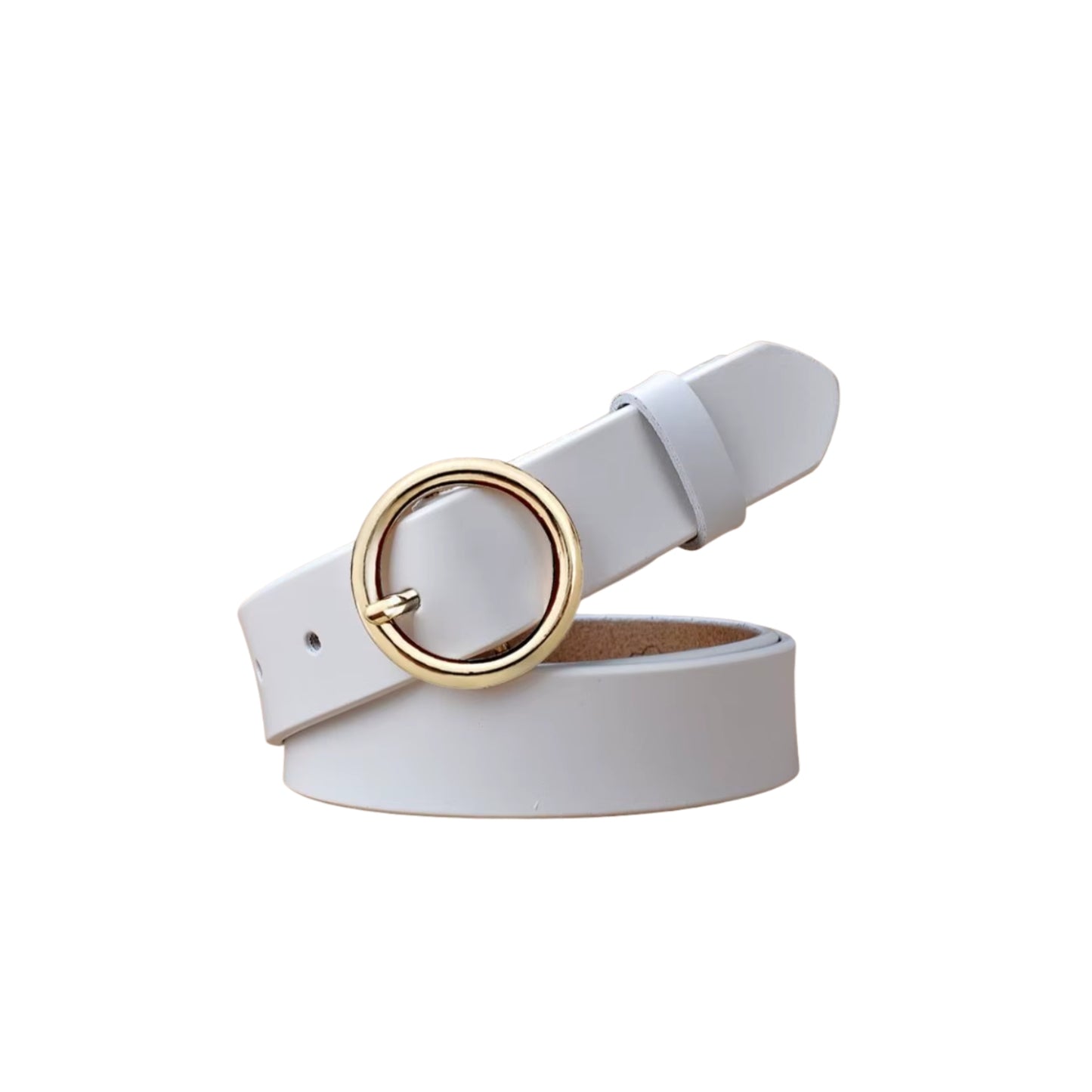 White belt with a gold ring buckle on a white background