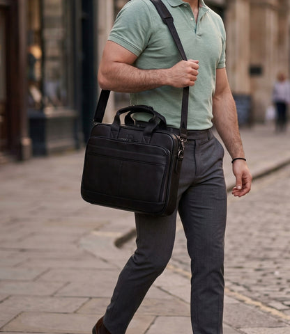 Man carrying a black briefcase on a city street