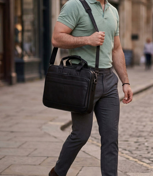Man carrying a black briefcase on a city street