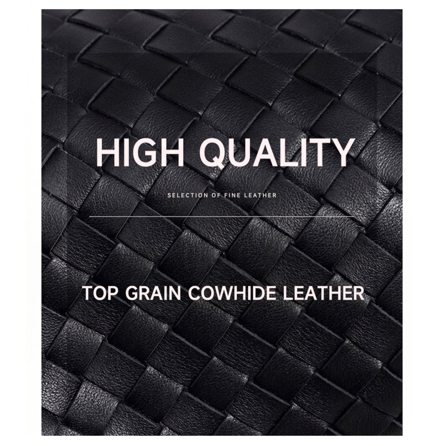 Black woven leather texture with 'High Quality' and 'Top Grain Cowhide Leather' text.
