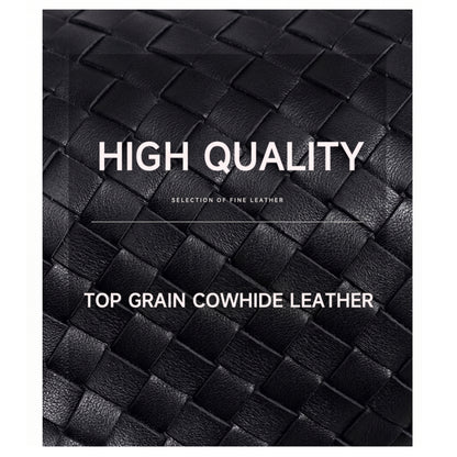 Black woven leather texture with 'High Quality' and 'Top Grain Cowhide Leather' text.