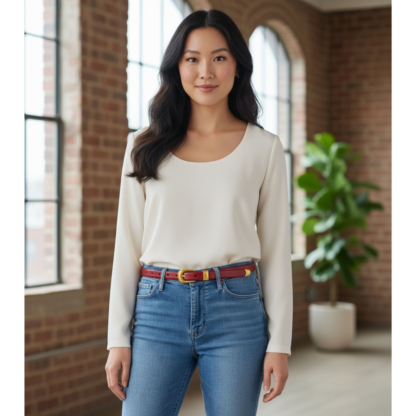 Hideclusive Premium Top-Grain Cowhide Leather Skinny Belt for Women – Elegant Rounded Gold Buckle & Metal Tip