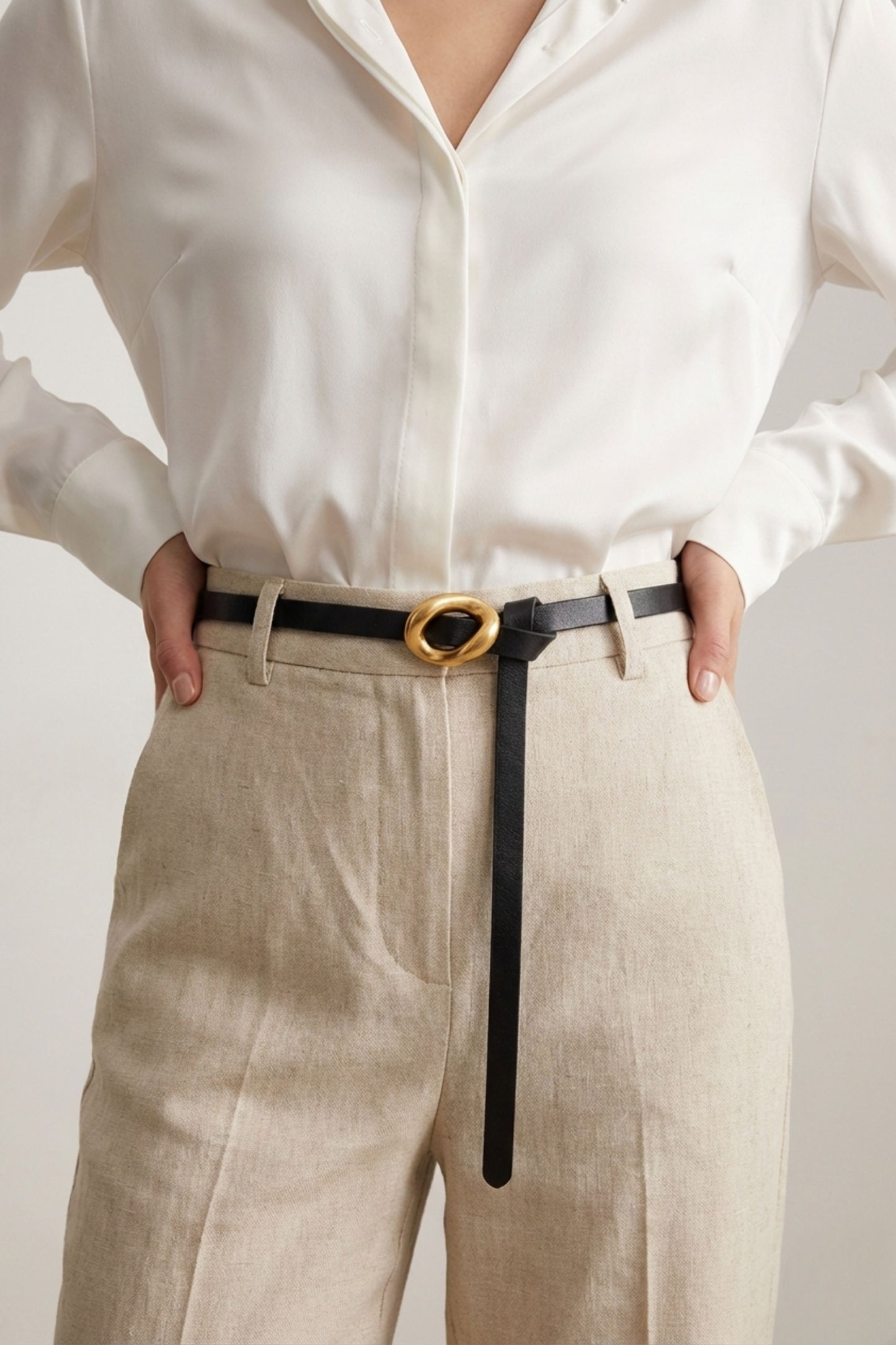 Hideclusive Women's Genuine Leather Skinny Belt with Gold Tear Drop Buckle, 1cm Thin Cowhide Waistband
