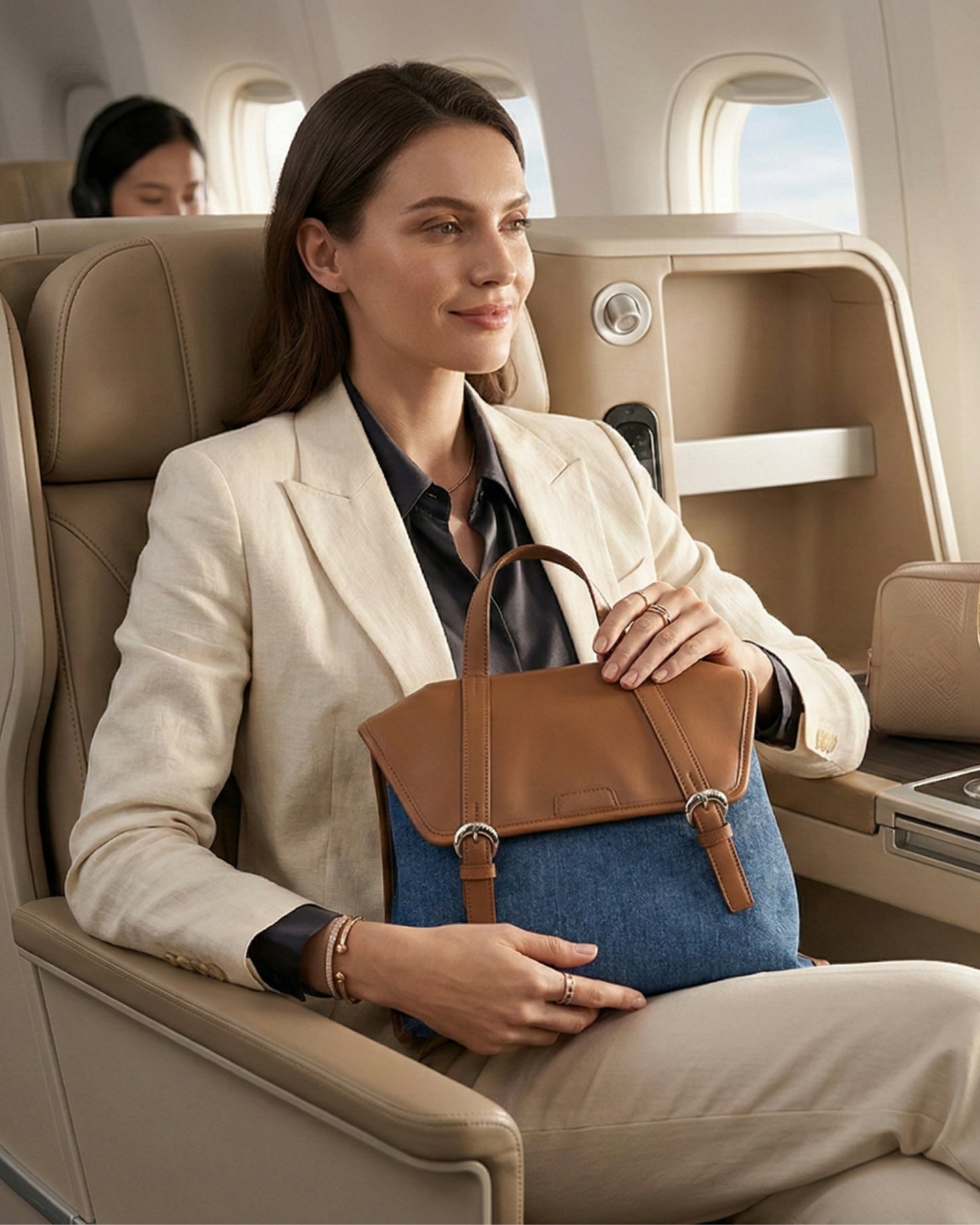 Woman sitting in an airplane seat holding a brown handbag