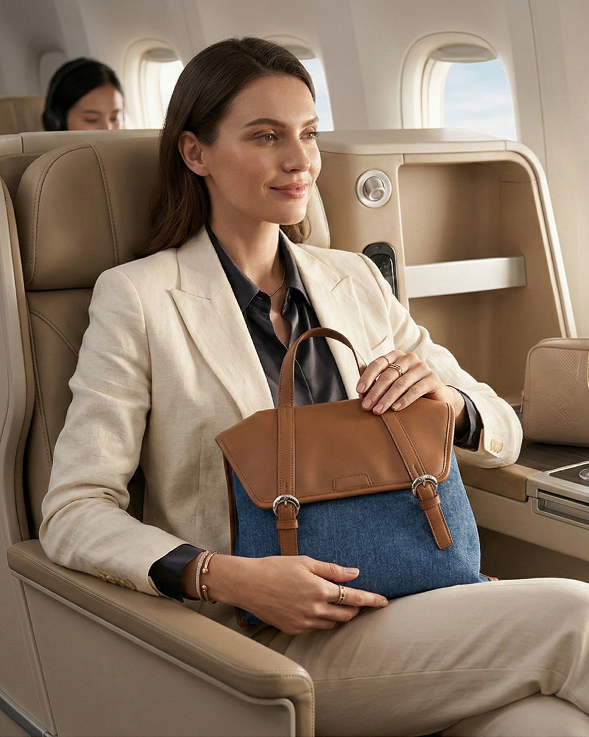 Woman sitting in an airplane seat holding a brown handbag
