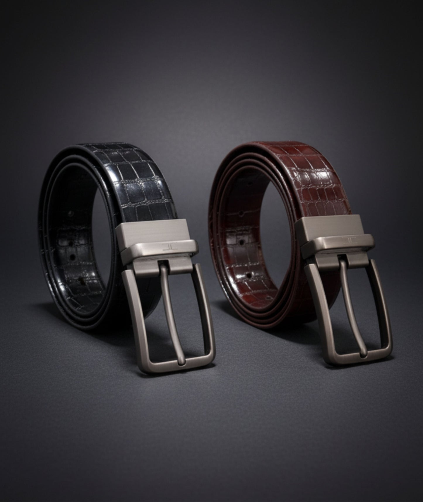 Hideclusive Premium Leather Belt, Crocodile Print Pattern, Reversible, Black and Cherry Brown, 35mm Width, Chrome Twist Buckle