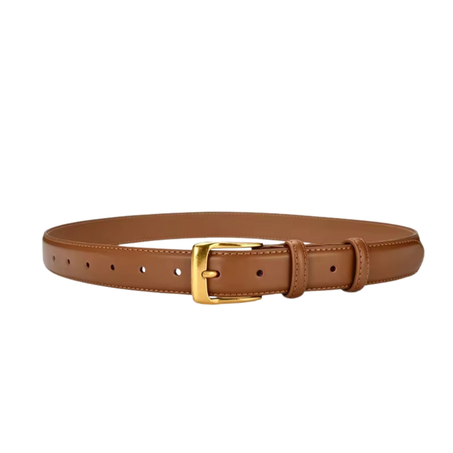 Brown leather belt with a gold buckle on a white background