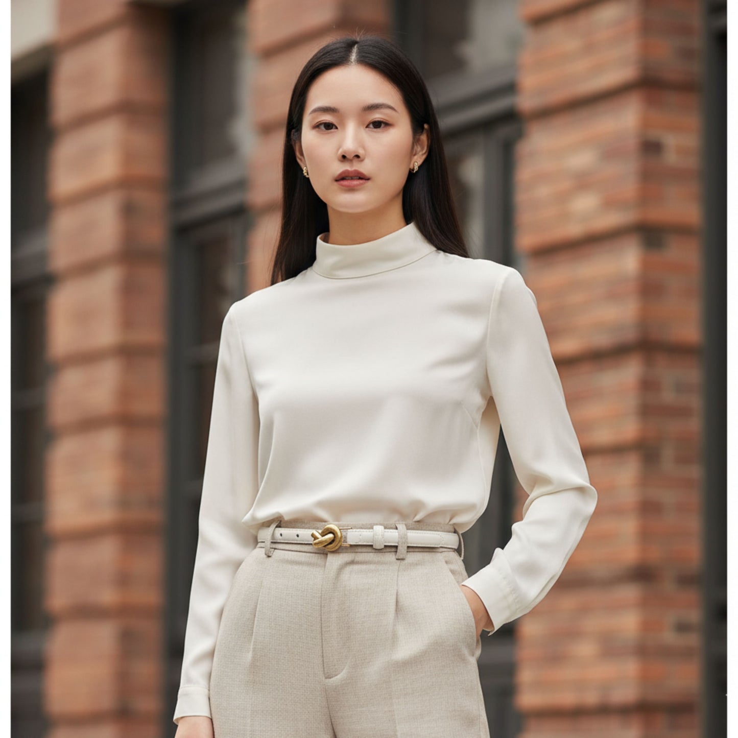 Women's Genuine Leather Slim Belt with Designer Gold Knot Buckle, Brown, Adjustable Waist Belt for Casual and Formal Wear
