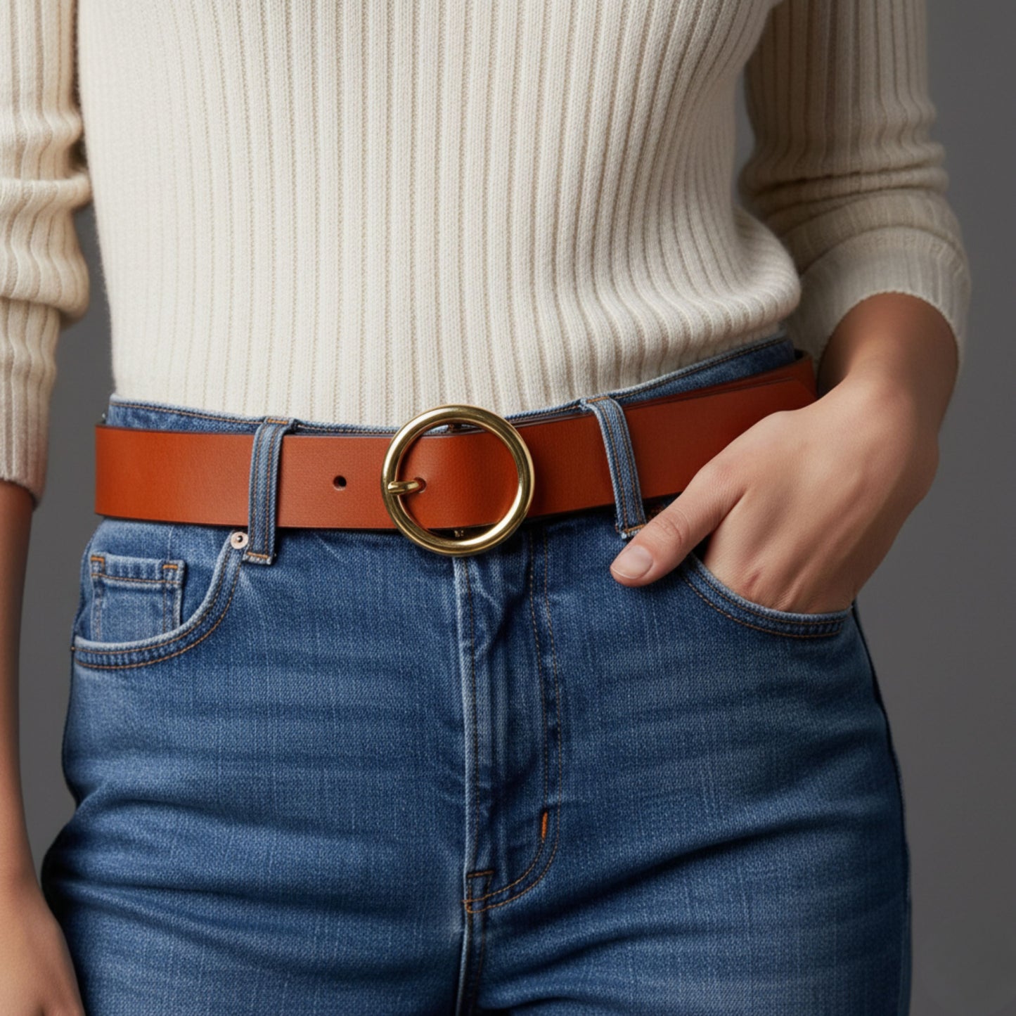 Hideclusive Women's Premium Cowhide Leather Belt, Round Golden Pin Buckle