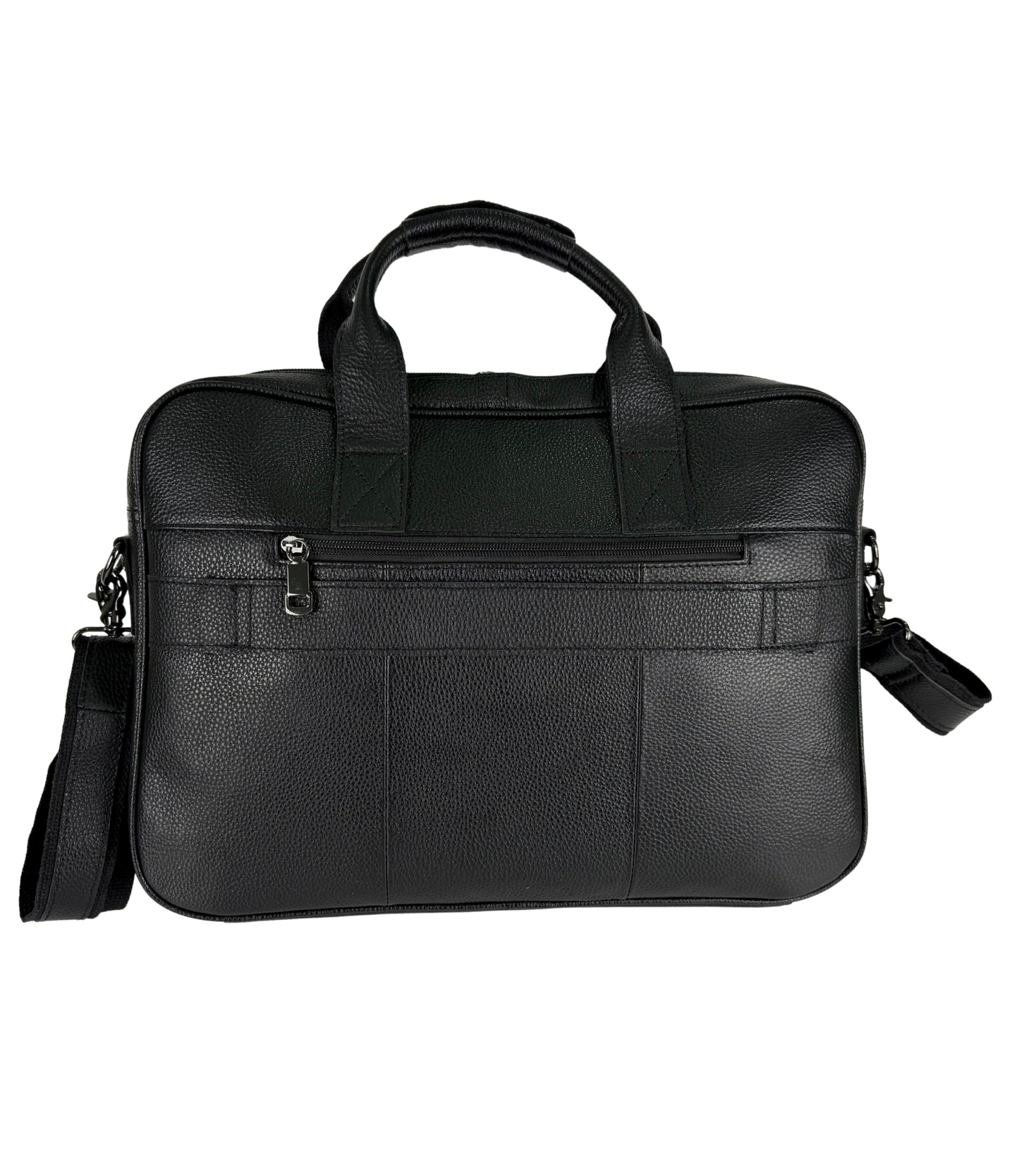 Black leather briefcase with multiple compartments on a white background