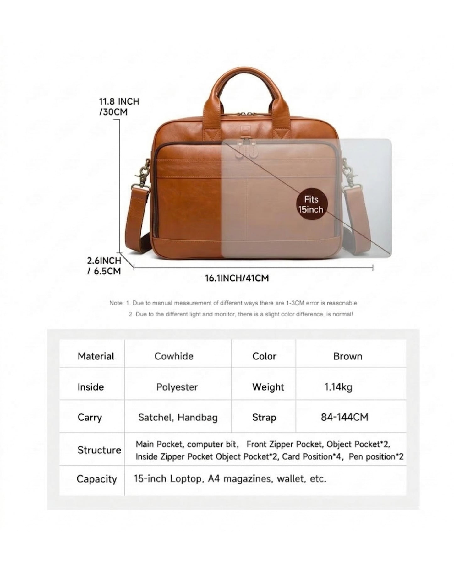 Hideclusive Vintage Leather Men's Briefcase – 15" Professional Laptop Messenger Bag