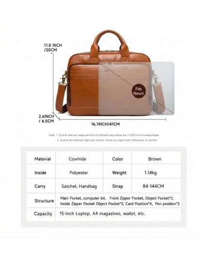 Vintage Leather Messenger Briefcase for Men | 15" Professional Laptop Bag | Hideclusive