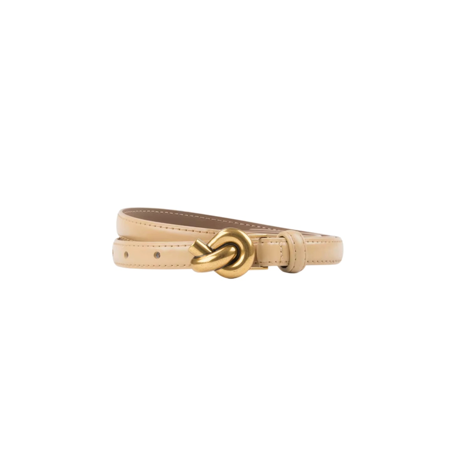 Beige leather belt with a gold knot buckle on a white background