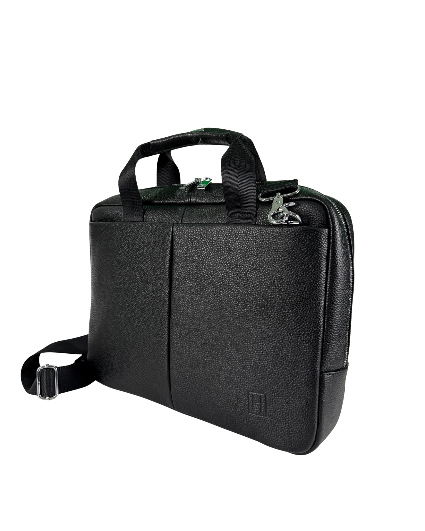 Black leather briefcase with shoulder strap on a white background