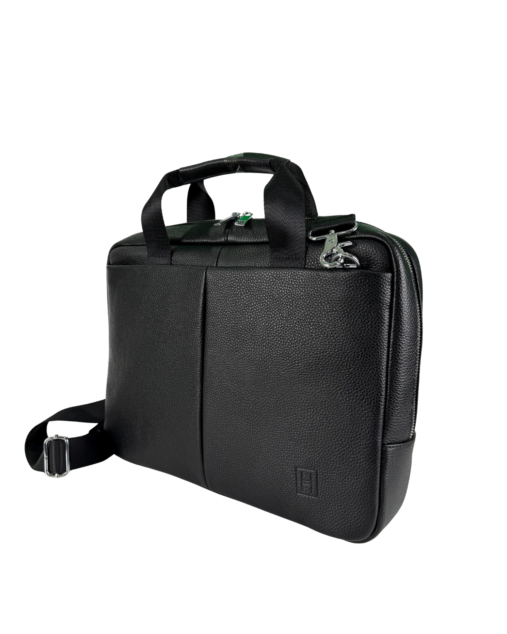 Black leather briefcase with shoulder strap on a white background