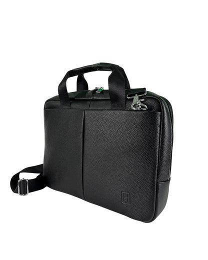Black leather briefcase with shoulder strap on a white background