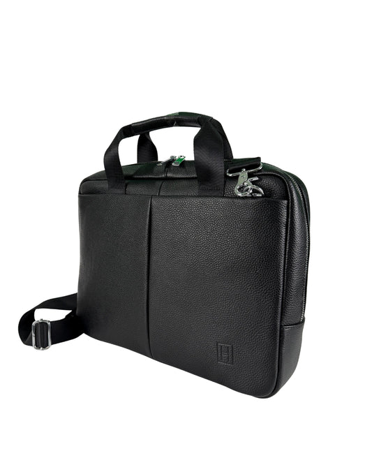 Black leather briefcase with shoulder strap on a white background