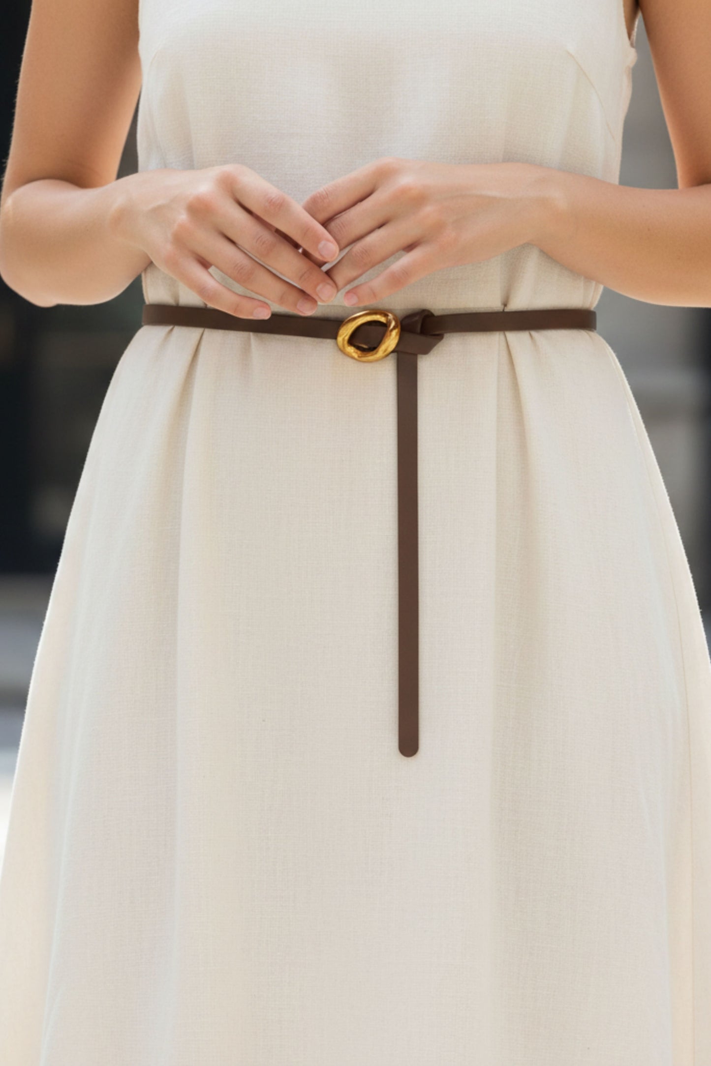 Hideclusive Women's Genuine Leather Skinny Belt with Gold Tear Drop Buckle, 1cm Thin Cowhide Waistband
