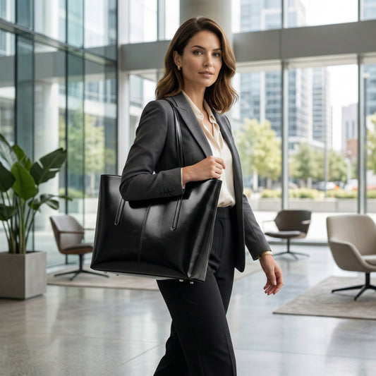 Woman in a professional setting holding a black handbag