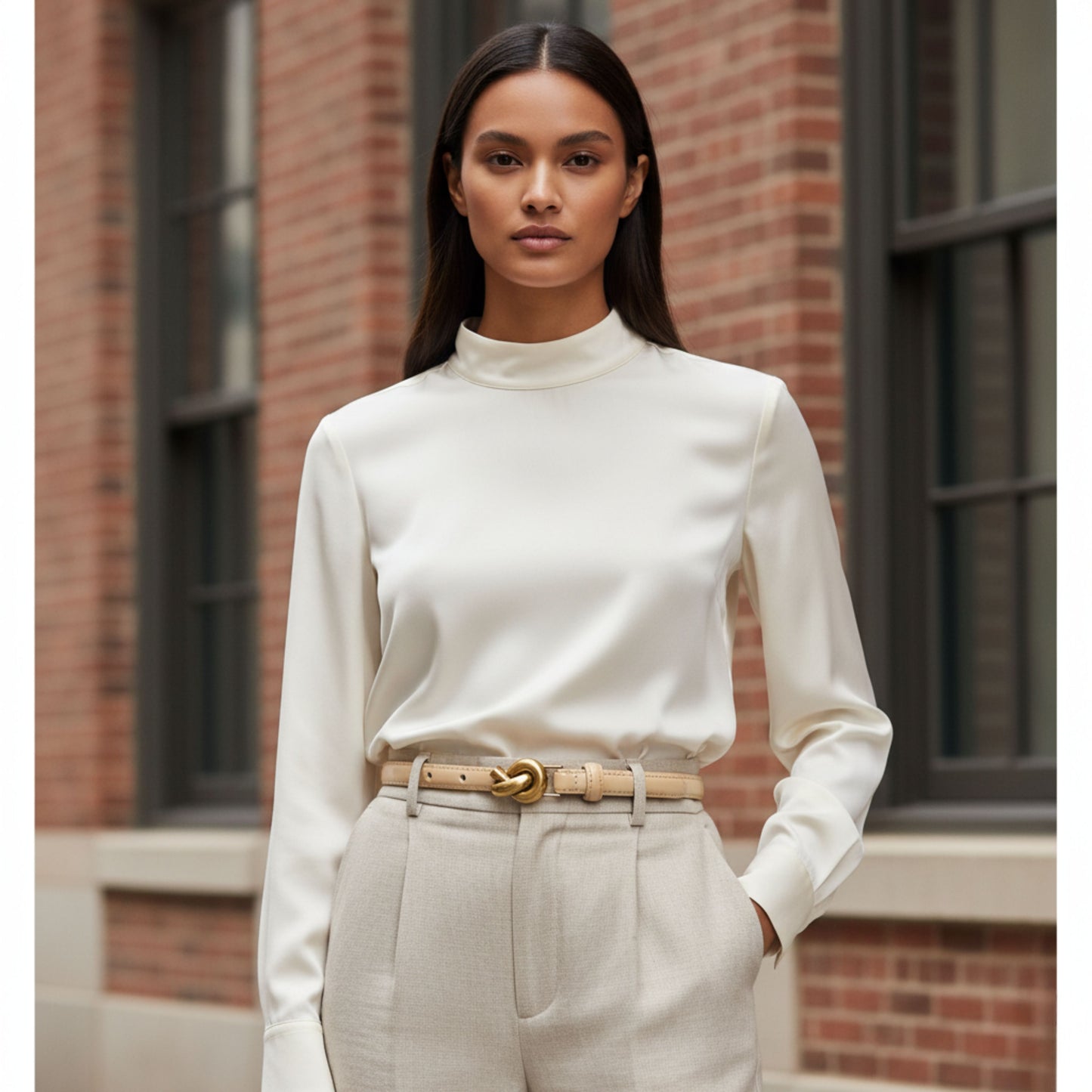 Women's Genuine Leather Slim Belt with Designer Gold Knot Buckle, Brown, Adjustable Waist Belt for Casual and Formal Wear