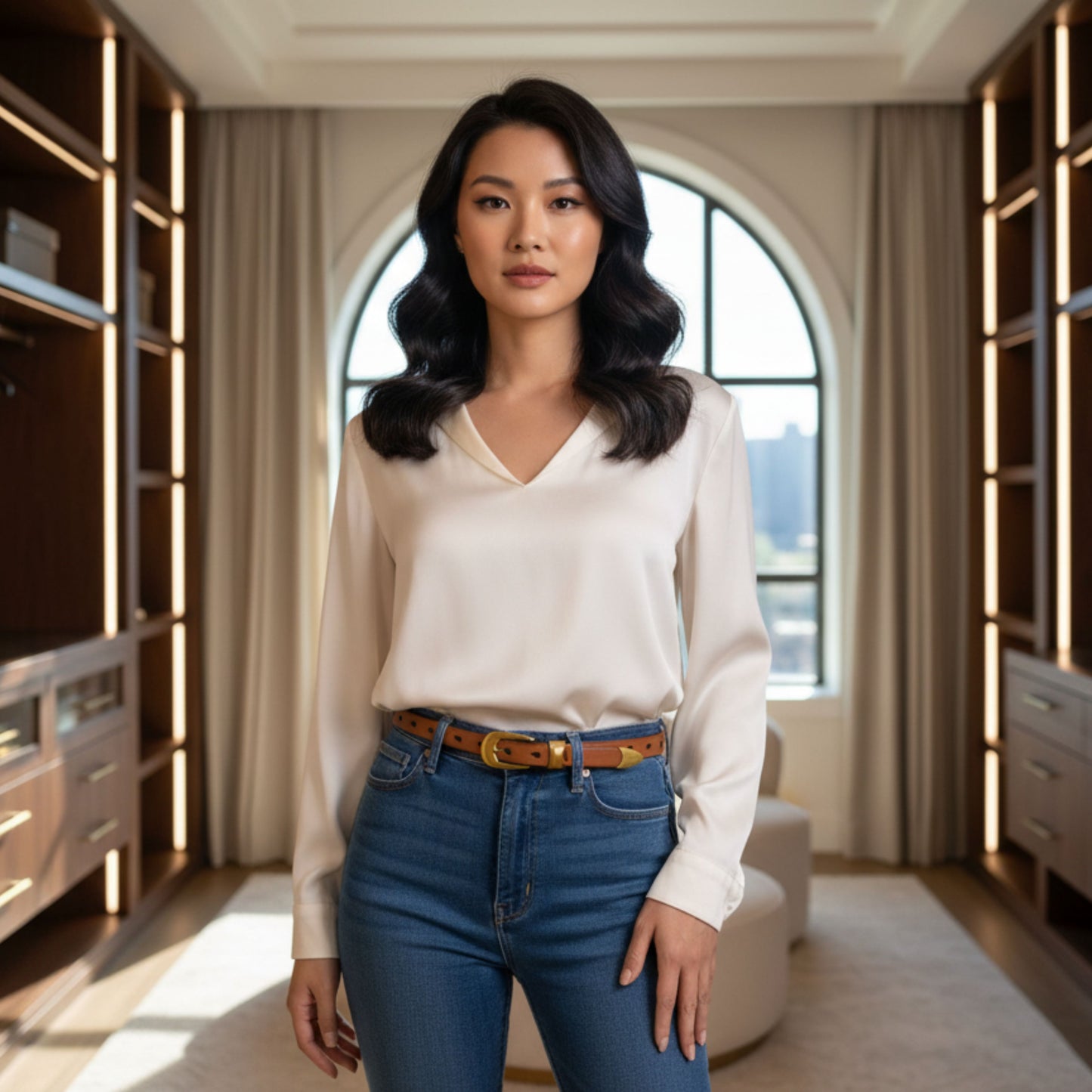 Hideclusive Premium Top-Grain Cowhide Leather Skinny Belt for Women – Elegant Rounded Gold Buckle & Metal Tip