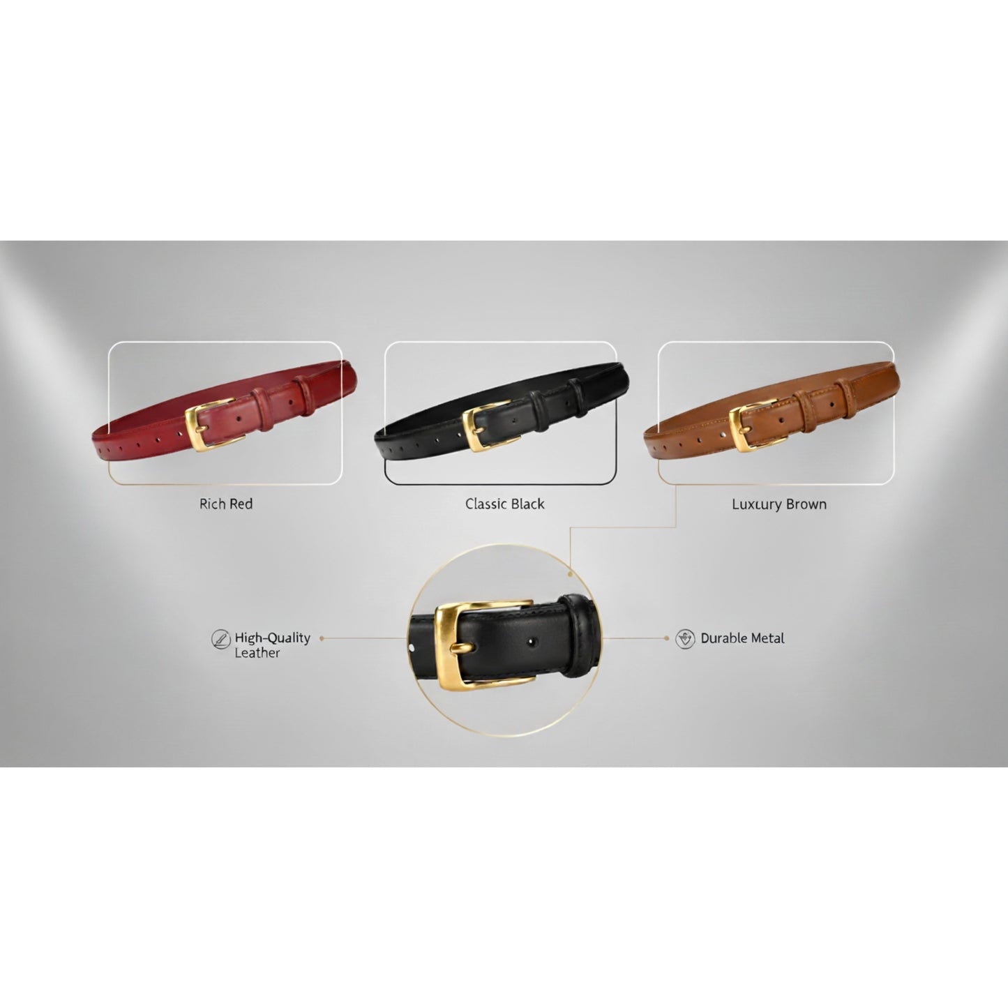 Hideclusive Classic Leather Belt with Gold Buckle, Genuine Leather, Black, Brown and Burgundy, Dress Belt for Women