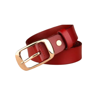 Red belt with a gold buckle on a white background