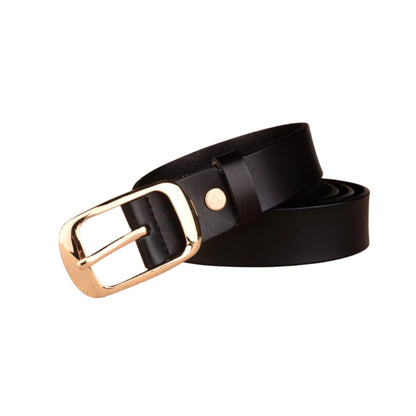 Black leather belt with a gold buckle on a white background
