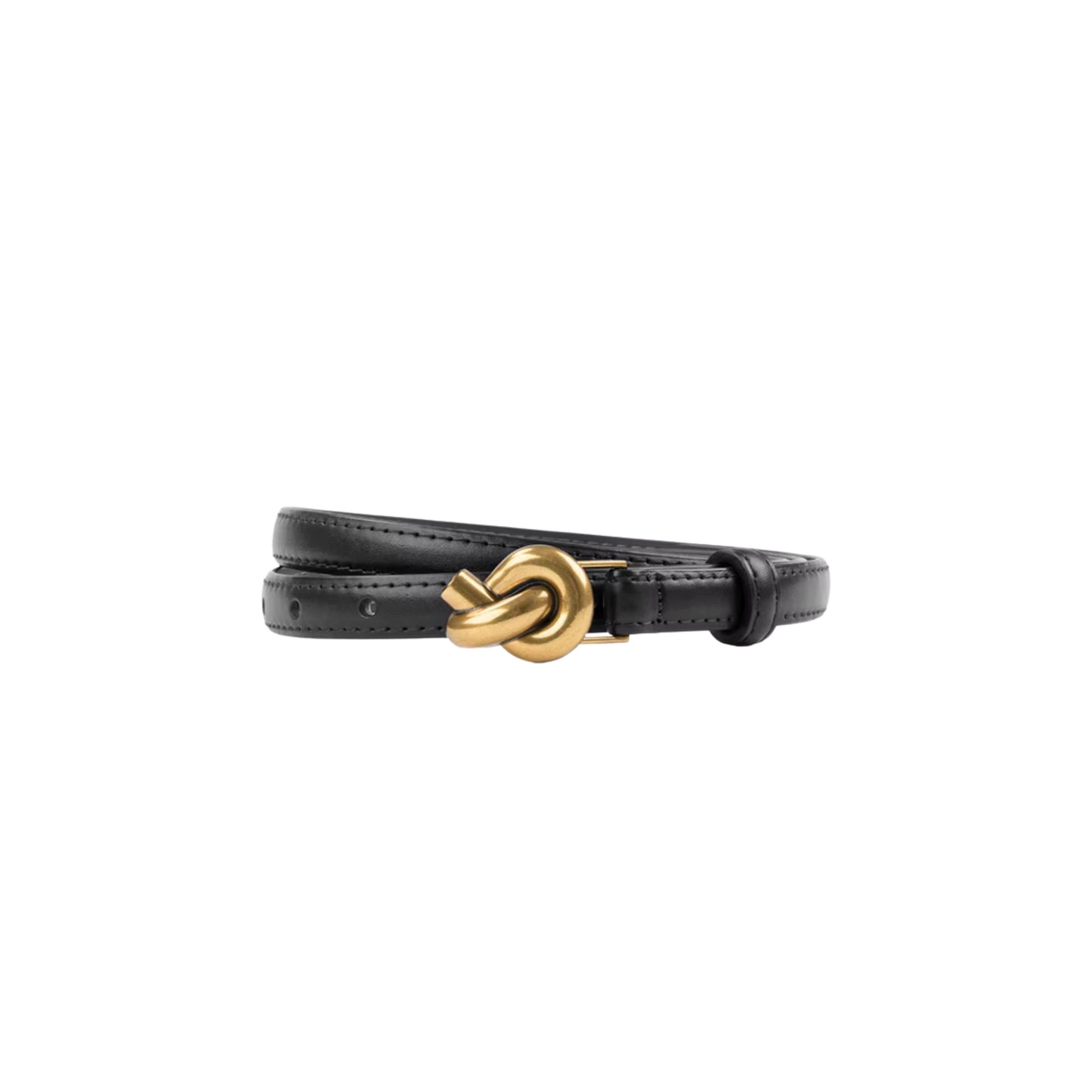 Black leather belt with a gold knot buckle on a white background