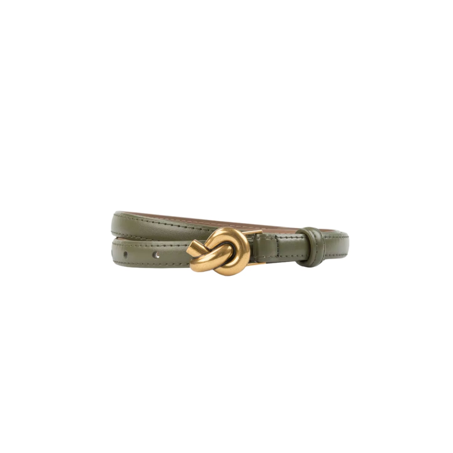 Green belt with a gold knot buckle on a white background