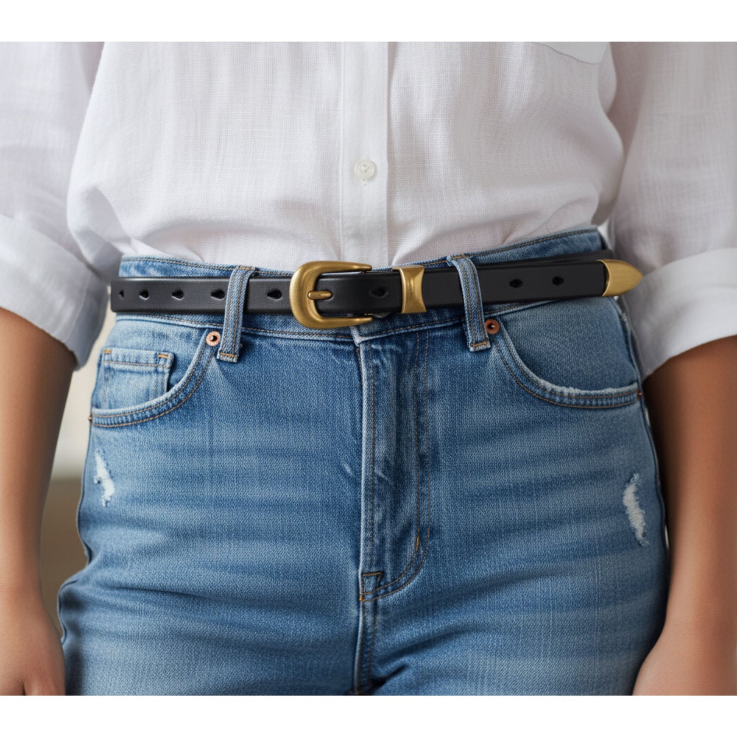 Hideclusive Premium Top-Grain Cowhide Leather Skinny Belt for Women – Elegant Rounded Gold Buckle & Metal Tip