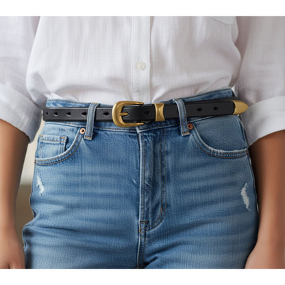 Top-Grain Leather Skinny Belt for Women | Rounded Gold Buckle | Cowhide | Hideclusive