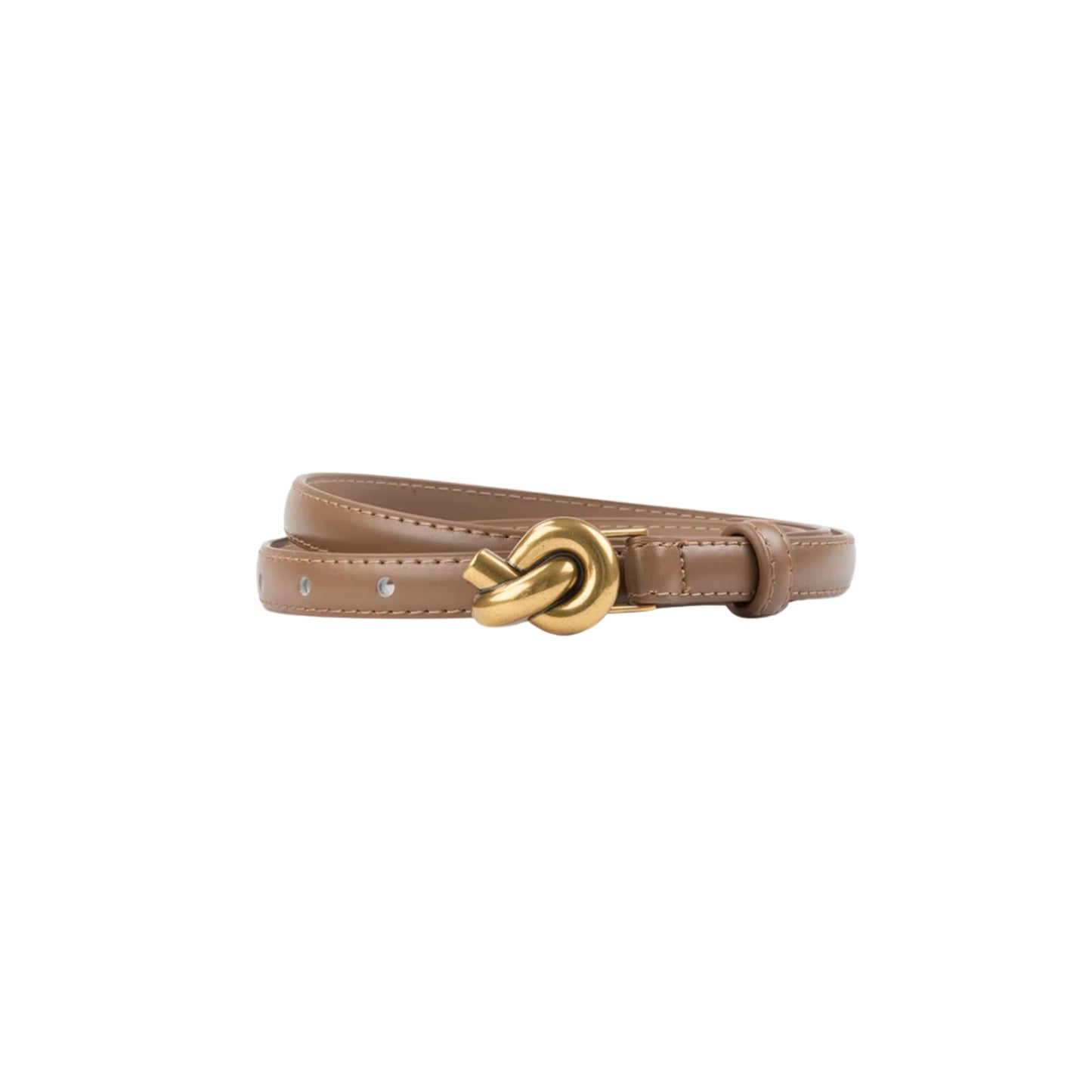 Brown leather belt with a gold clasp on a white background