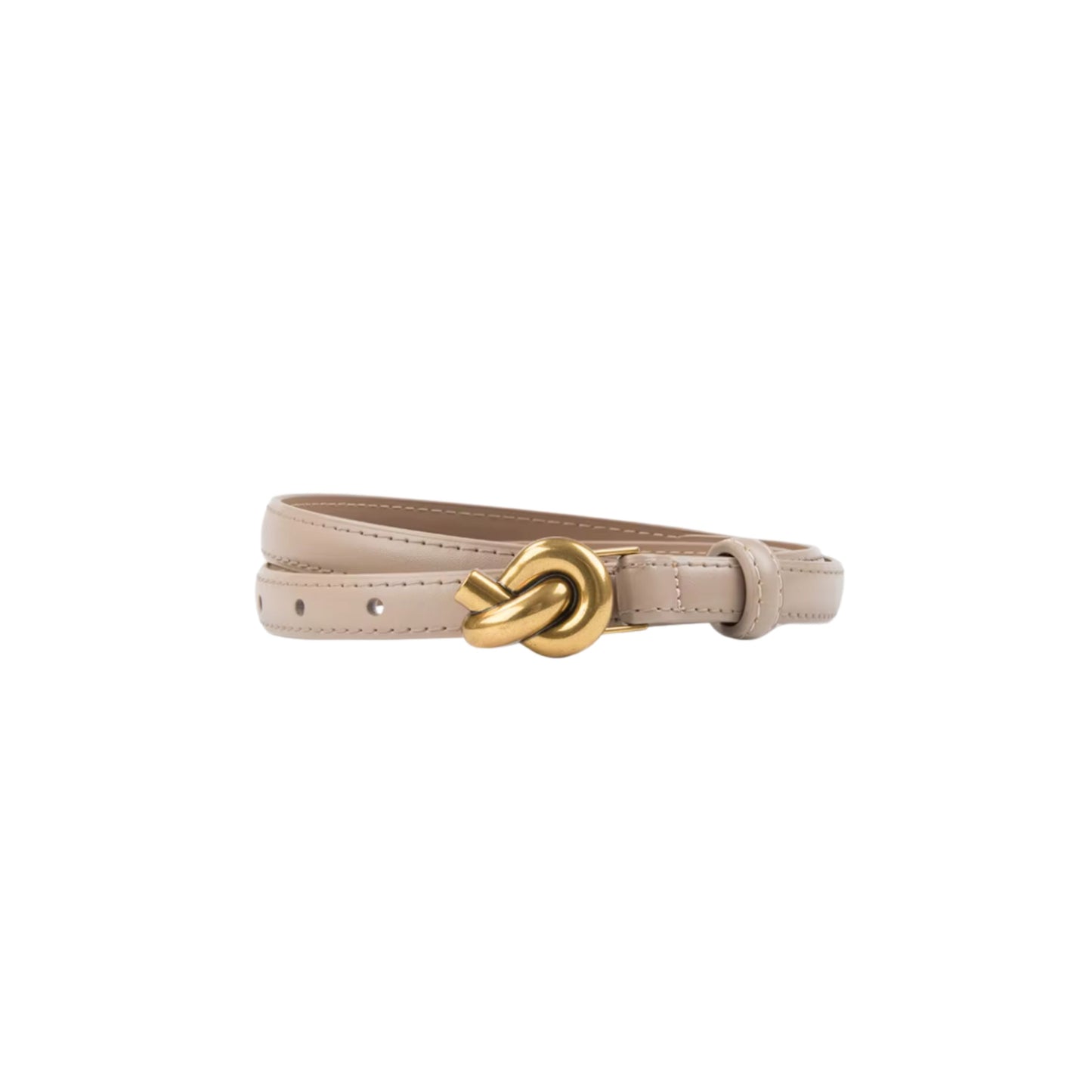 Beige belt with a gold knot buckle on a white background