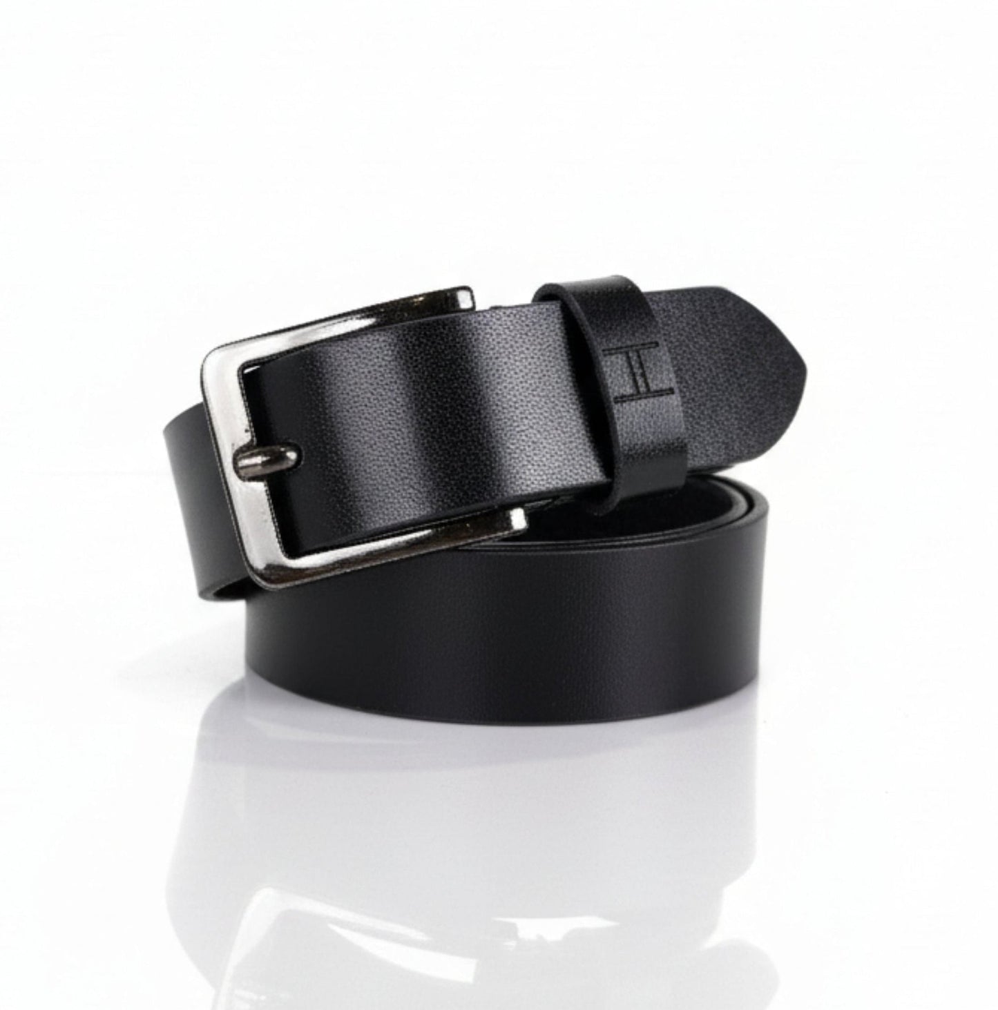 Black leather belt with silver buckle on a white background