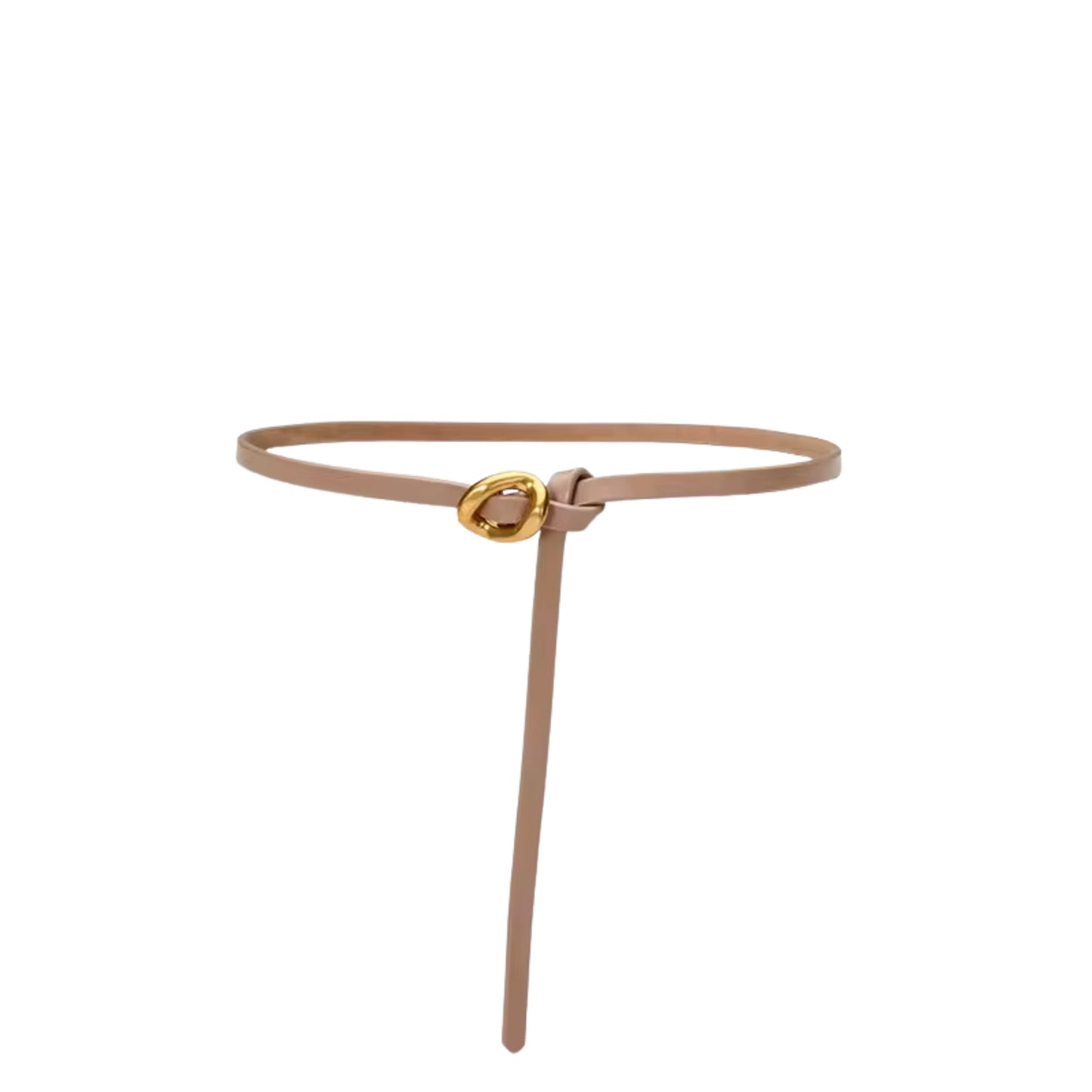 Thin beige belt with a gold buckle on a white background