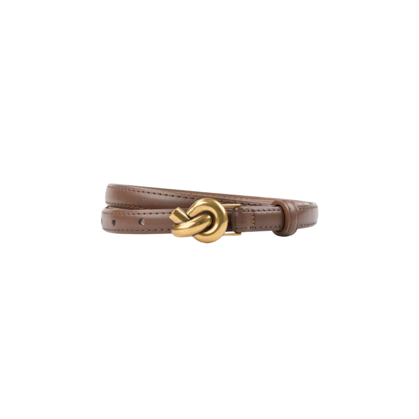 Brown leather belt with a gold buckle on a white background